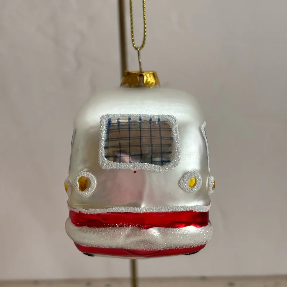 Festive Red and White Vintage Travel Trailer Camper‎ Glass Ornament
